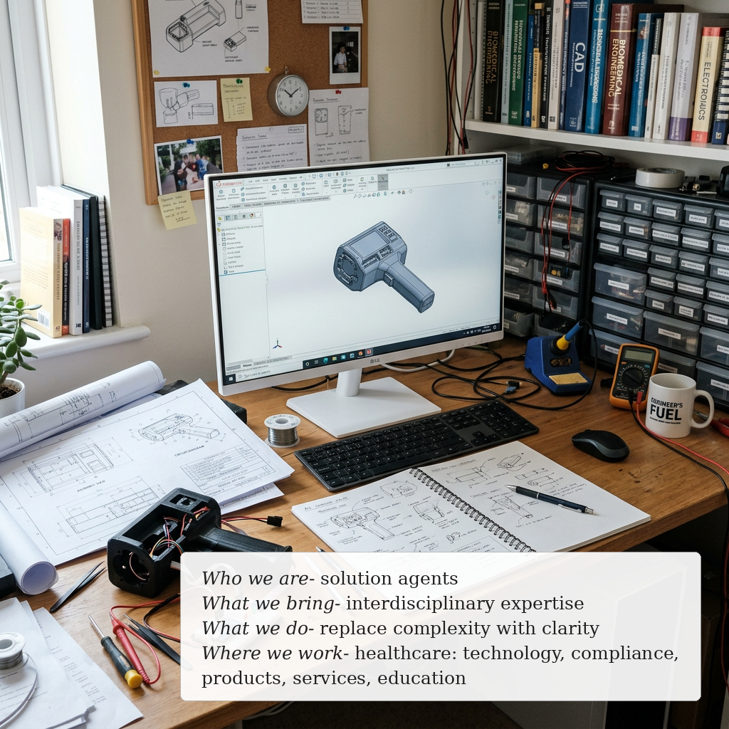 Who we are - solution agents; What we bring - interdisciplinary expertise; What we do - replace complexity with clarity; Where we work - healthcare: technology, compliance, products, services, education